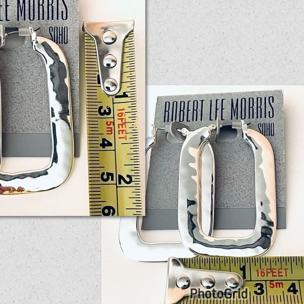 NWT Robert Lee Morris Soho Large Square Silver Polished Hammered Hoops earrings - Picture 11 of 12